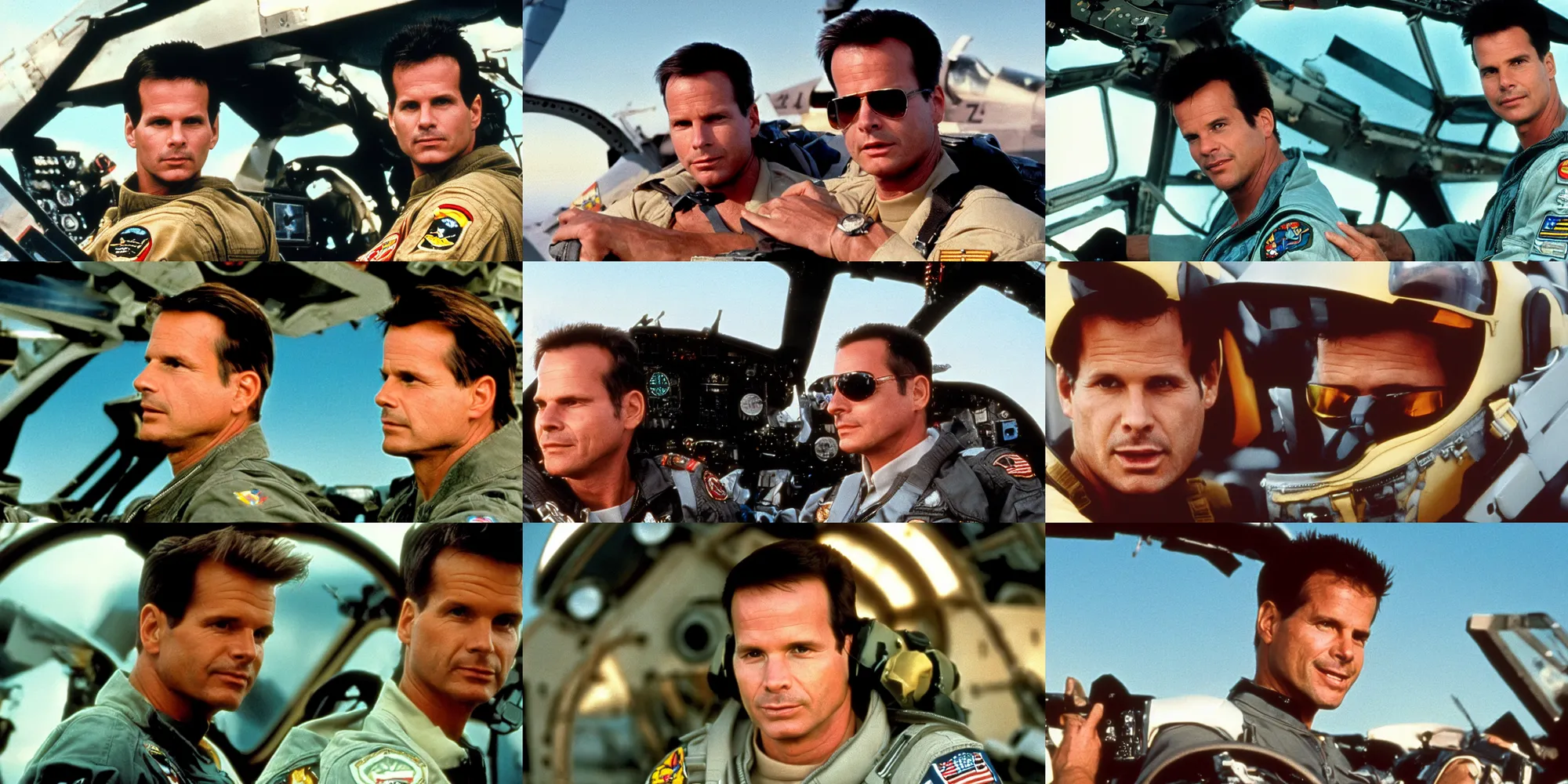 Prompt: Portrait 30 year old Bill Paxton, with flat top hair style, in the cockpit of a fighter jet, golden hour, film still from Top Gun 1986