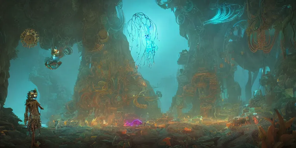 Image similar to 3 d scene of temple portal modelling goddess close - woodsman wearing a steampunk and neonpunk mechanical fluorescent mystical animal mask in strange misty mountain landscape. betta fish, jellyfish phoenix, bio luminescent, plasma, ice, water, wind, creature, artwork by tooth wu and wlop and beeple and greg rutkowski