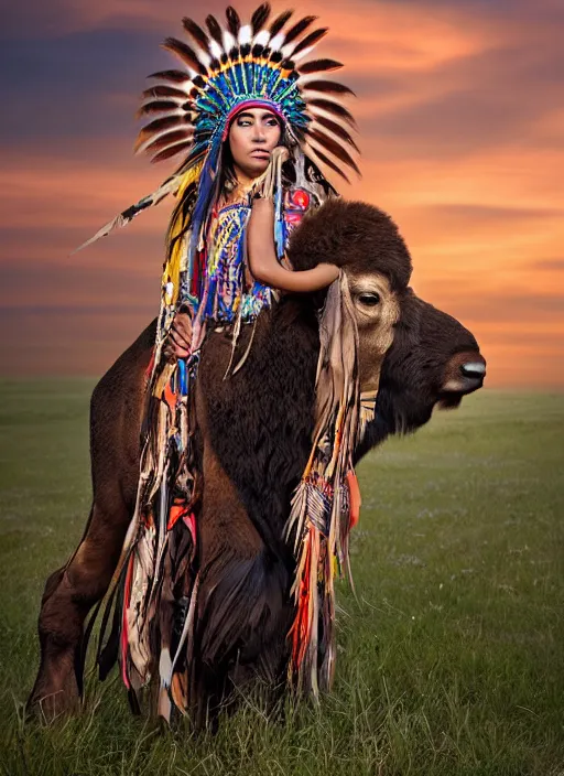 Image similar to hyper detailed photo of an American Indian warrior princess wearing a headdress, in a field with a bison at sunset, long black hair, maximalist, hd, 8k, muted colors,