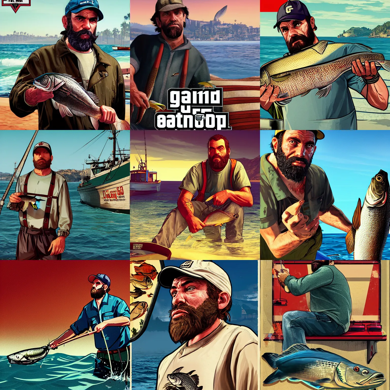 Image similar to 30-year old bearded fisherman caught fish, GTA V poster, detailed, closeup