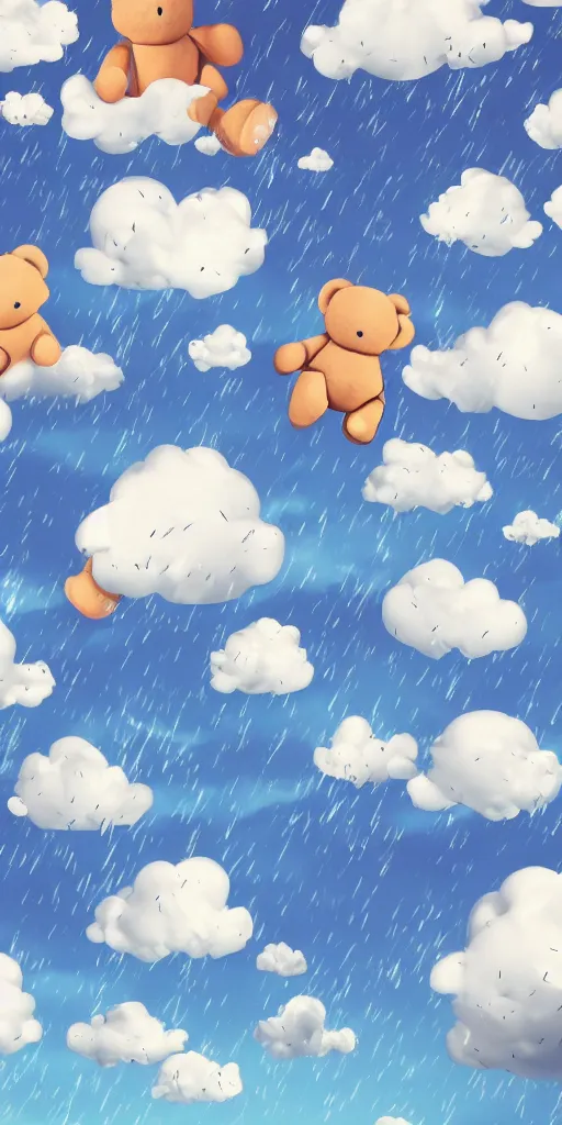 Image similar to teddy bears raining from a stormy cloud, anime scenery, 4k ultra