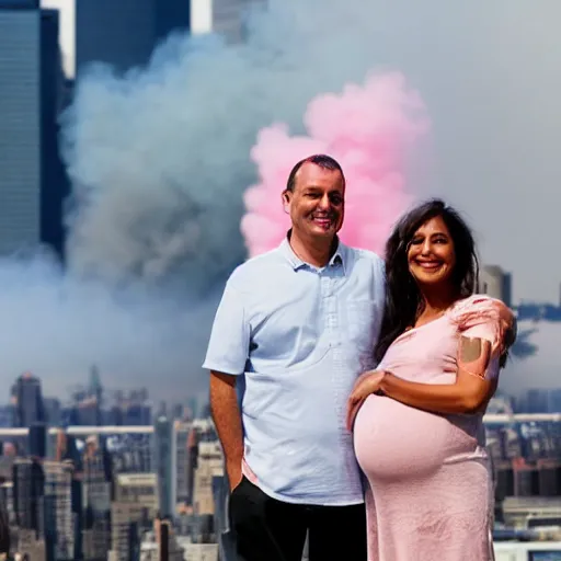 Prompt: a close up of a smiling couple of parents to be, in front of 9 / 1 1 with pink smoke, clear details, award winning