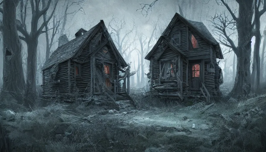 Prompt: abandoned witch cabin in a middle of a dark forest covered by huge cobwebs, hyperdetailed, artstation, cgsociety, 8 k