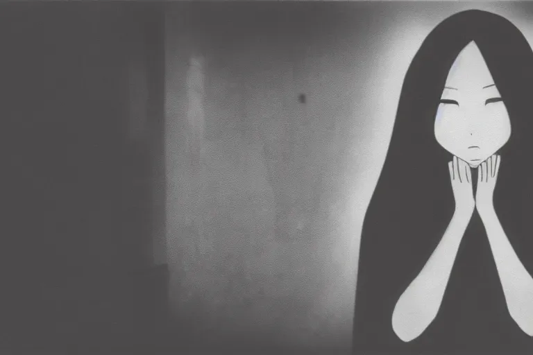 Image similar to Sadako from The Ring streaming on twitch with cat ear headphones, photograph, polaroid, black and white, grain filter