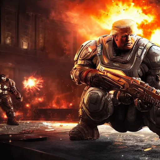 Image similar to Portrait! of President Donald Trump as ((captain america)) in Gears of War, patriotic, splash art, movie still, cinematic lighting, dramatic, octane render, long lens, shallow depth of field, bokeh, anamorphic lens flare, 8k, hyper detailed, 35mm film grain