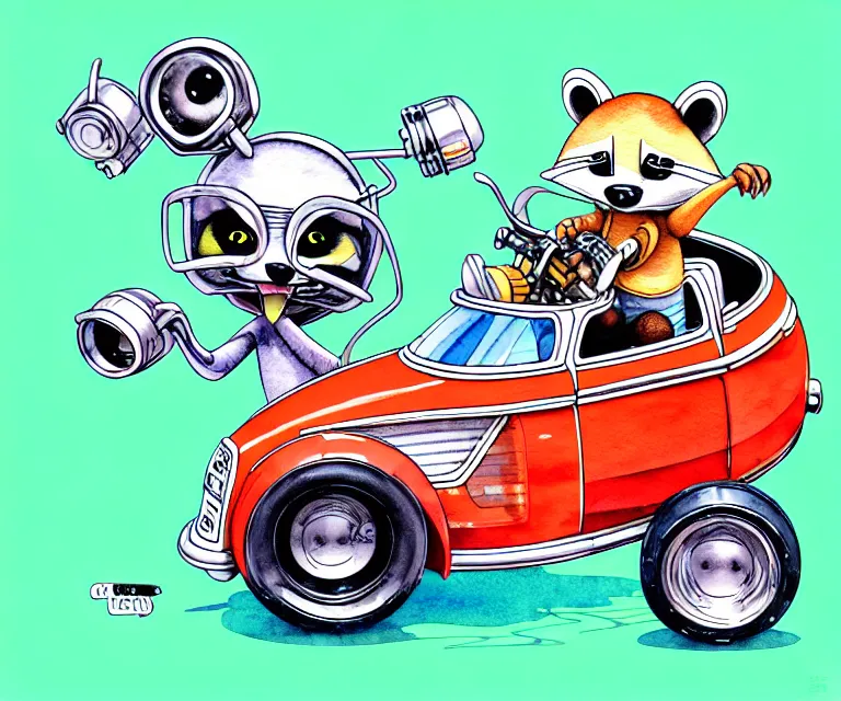 Image similar to cute and funny, racoon wearing a helmet riding in a tiny hot rod with oversized engine, ratfink style by ed roth, centered award winning watercolor pen illustration, isometric illustration by chihiro iwasaki, edited by range murata, tiny details by artgerm and watercolor girl, symmetrically isometrically centered and in focus