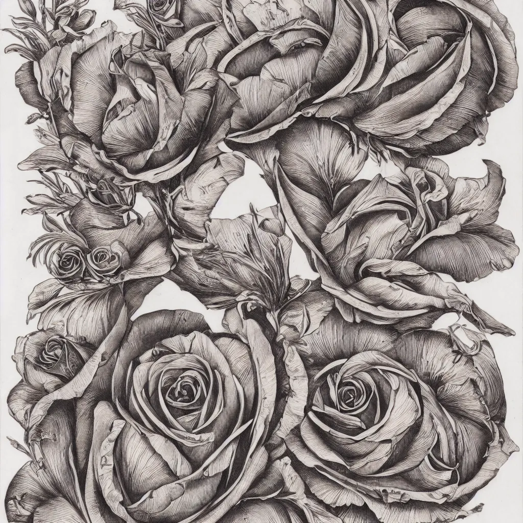 Prompt: beautiful decorative classical ornamental tattoos, fibonacci rhythms, roses, lilies, rose petals, lily petals, acanthus scrolls, highly detailed etching, bilaterally symmetrical, small medium and large elements