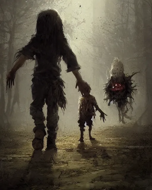 Image similar to a child zombie walking toward a scared teenager that fell on the ground realistic concept art, hd, high quality by jean baptiste monge and greg rutkowski