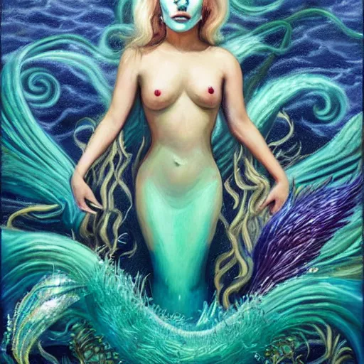 Prompt: lady gaga as a siren mermaid, highly - detailed oil painting artwork