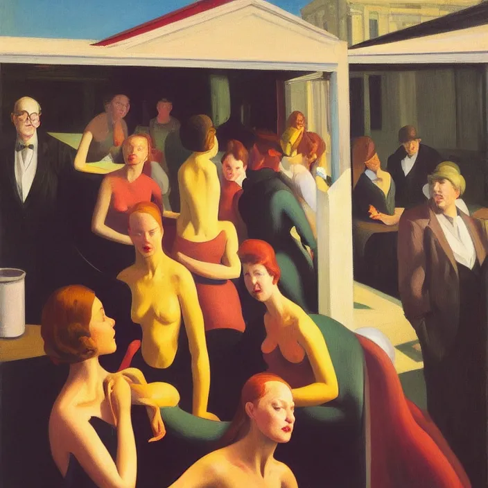 Image similar to group of people pictured in afternoon light, mostly women, close - up of the faces, anatomically and proportionally correct : : surrealist oil painting by edward hopper, malcolm liepke, francis bacon and rene magritte, detailed