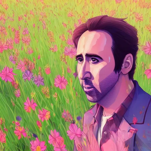 Image similar to a portrait of Nicolas Cage, field of flowers background, rich vivid colors, ambient lighting, dynamic lighting, 4k, official media, anime key visual, makoto shinkai, ilya kuvshinov, lois van baarle, rossdraws, detailed, trending on artstation