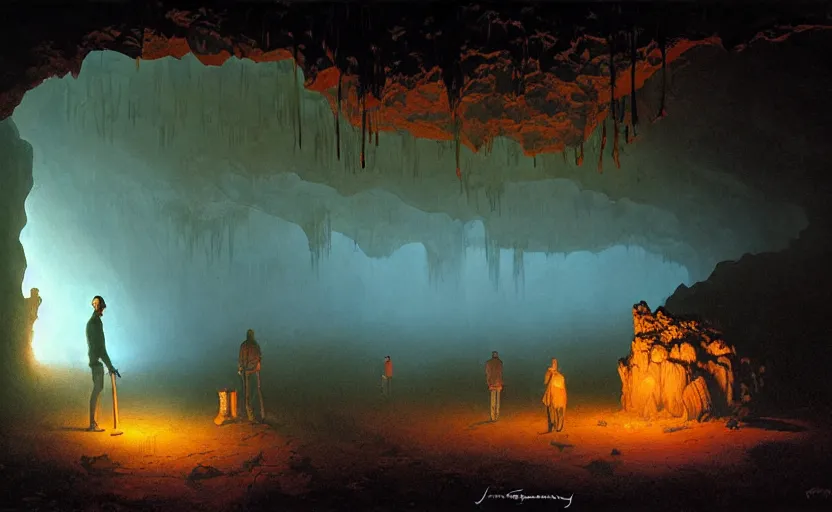 Prompt: natural cave, darkness, some bulb lights, dynamic light, cable on ceiling, some old props on the ground, mist low over ground, illustration painting by james gurney and josan gonzales