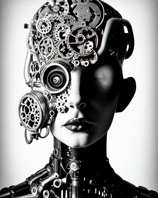 Image similar to black and white dreamy foggy smoky profile face portrait, one silver steampunk eye biomechanical beautiful young female cyclope - cyborg - robot bust, body ribs meshes,, volumetric light, hibiscus flowers, by hg giger, rim light, by dora maar and cecile beaton, big gothic fashion pearl embroidered collar, 8 k