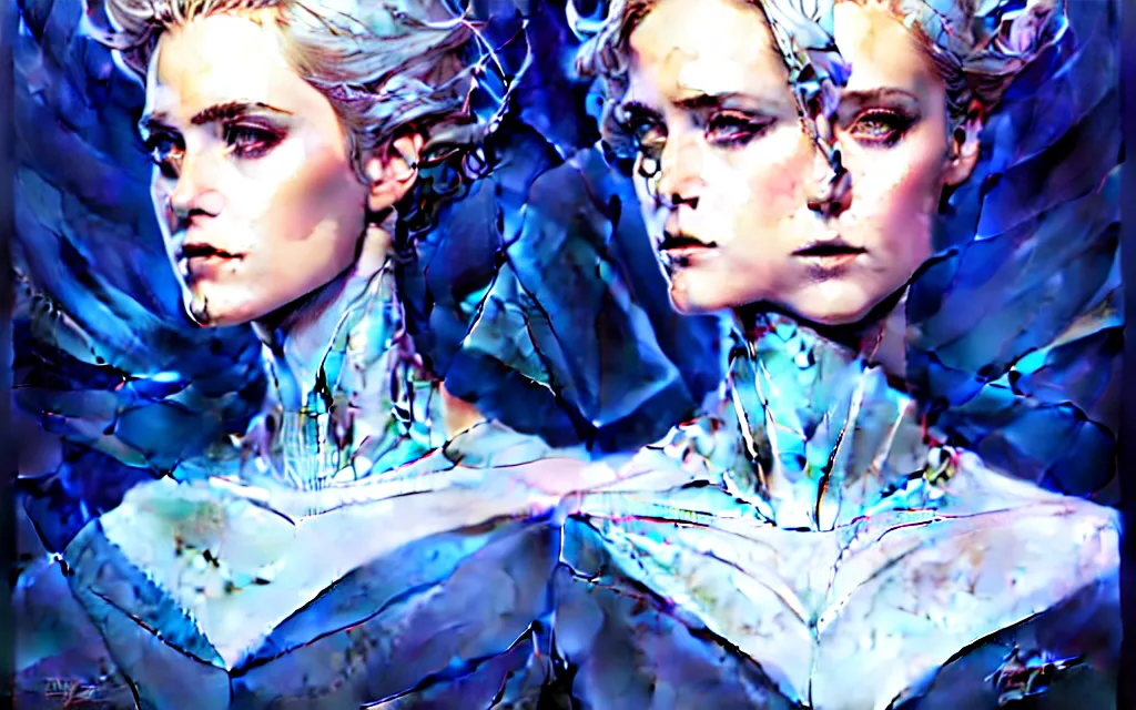 Image similar to artgerm, joshua middleton comic cover art, full body pretty evan rachel wood ice queen, symmetrical eyes, symmetrical face, long curly blue hair, icy forest, chiral lighting