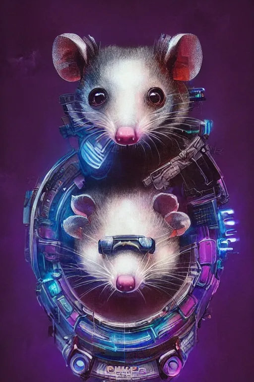 Image similar to a beautiful portrait of a cute cyberpunk opossum by sandra chevrier and greg rutkowski and wlop, purple blue color scheme, high key lighting, volumetric light, digital art, highly detailed, fine detail, intricate, ornate, complex, octane render, unreal engine, photorealistic