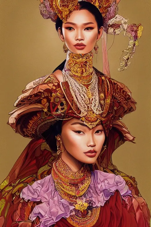 Prompt: portrait of an indonesian supermodels wearing traditional costume, highly detailed, digital painting, artstation, concept art, sharp focus, illustration, art by kittichai rueangchaichan and james gurney and alphonse mucha