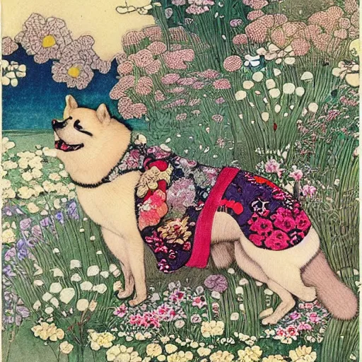 Prompt: akita inu dog wearing a floral kimono in a fanciful garden, by warwick goble and kay nielsen, highly detailed