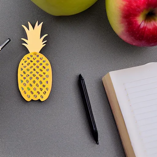 Image similar to photo of an apple - pen and a pineapple - pen, on a writing - desk.