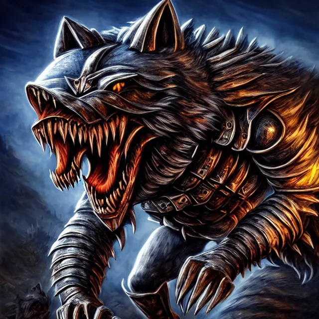 Prompt: armoured werewolf warrior, 4 k, hdr, smooth, sharp focus, high resolution, award - winning photo, anne stokes, photorealistic