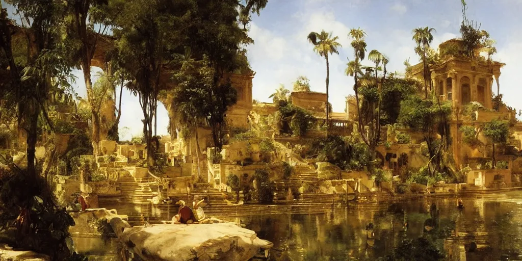 Image similar to beautiful landscape oil matte painting, of bustling empire hanging gardens of babylon, art by anders zorn, wonderful masterpiece highly detailed, beautiful cinematic light deep focus, elegant, digital painting, smooth, sharp focus, golden ratio, dramatic illumination, ultra realistic, 8 k, art by artemisia lomi gentileschi and caravaggio