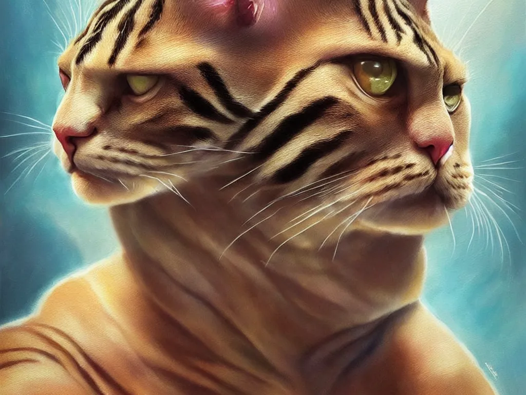 Image similar to dwayne johnson as a cat, cat, animal body, studio picture, realistic illustrative painting, artgerm, visionary arts, huang guangjian