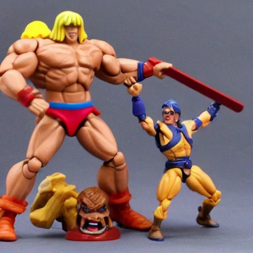 Prompt: he-man action figures fighting,