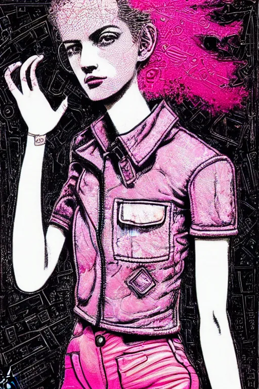 Image similar to dreamy rock girl, pink leather outfit, detailed acrylic, grunge, intricate complexity, by dan mumford and by alberto giacometti, peter lindbergh, malevich, william stout