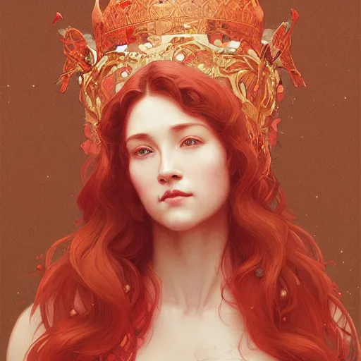 Image similar to portrait of a red bear queen, intricate, elegant, highly detailed, digital painting, artstation, concept art, smooth, sharp focus, illustration, art by artgerm and greg rutkowski and alphonse mucha and william - adolphe bouguereau