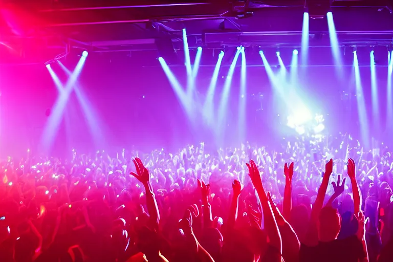 Image similar to dj on stage with raised hands looking over crowd partying with their hands up at a club, volumetric lighting, haze, moving heads light beams, spot lights, disco ball, silhouette, digital art, trending on artstation, 4k, unreal engine, intricate, ornate