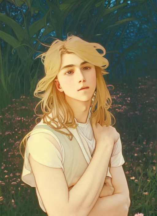 Image similar to pretty young man with shoulder length shiny shimmering golden blond hair, path traced, highly detailed, high quality, digital painting, by studio ghibli and alphonse mucha, leesha hannigan, disney