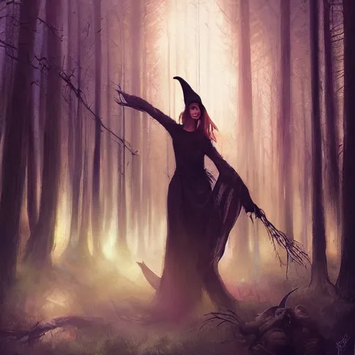 Image similar to witch performing a ritual in a dark forest painted by Raymond Swanland