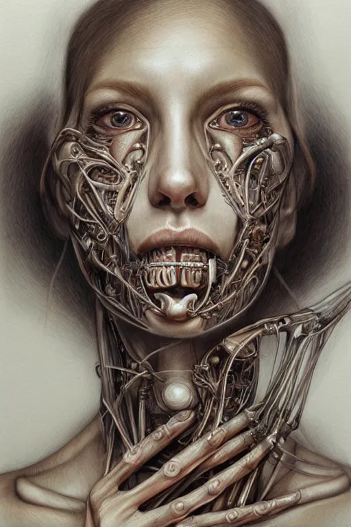 Prompt: beautiful portrait of biomechanical being by marco mazzoni, detailed, realistic skin color
