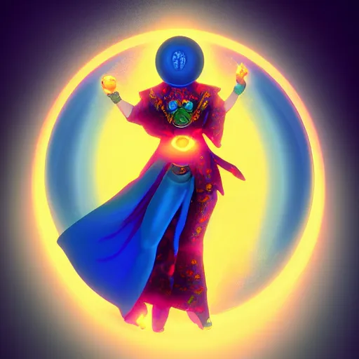 Image similar to a powerful goddess woman floating with a glowing orb of blue power in her hand, trending on artstation, colourful, powerful, dark, mysterious, maximalist, full body shot, japanese, unreal engine 5