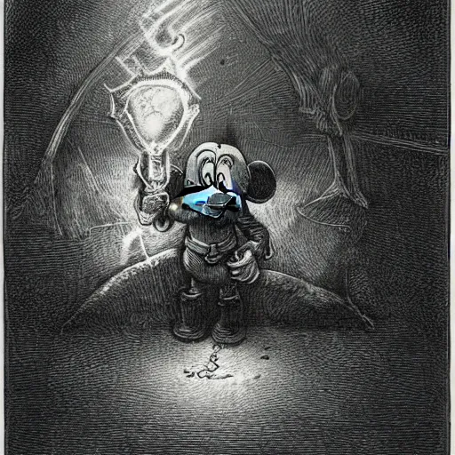 Prompt: Mickey mouse as a dark souls boss by gustave dore