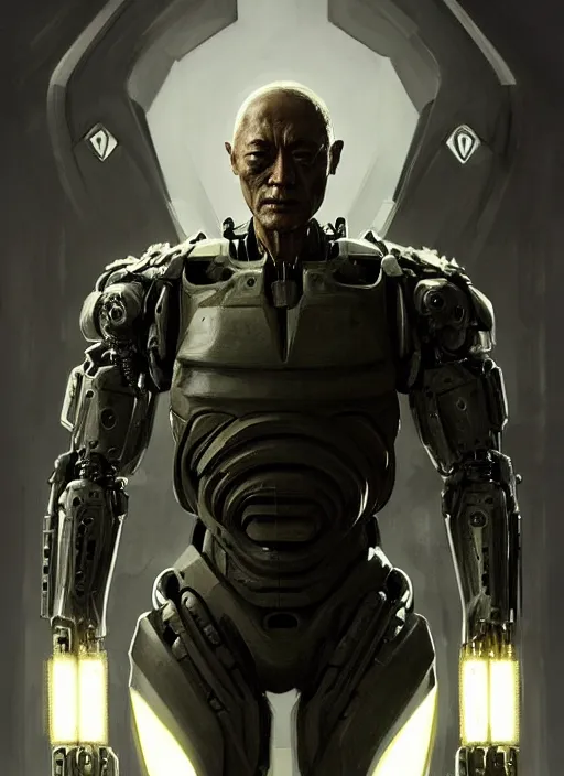 Image similar to cary - hiroyuki tagawa as victor stone, full body concept, cyborg, borg, strogg, face of a man, terminator, flesh, quake strogg, doom demon, wolfenstein, monstrous, powerful, symmetry, symmetrical, concept art by ruan jia and greg rutkowski