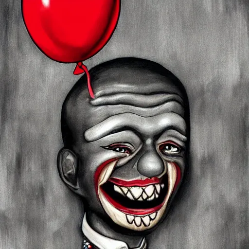 Image similar to grunge cartoon painting of kanye with a wide smile and a red balloon by chris leib, loony toons style, pennywise style, corpse bride style, horror theme, detailed, elegant, intricate