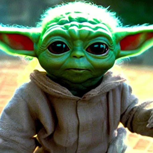 Prompt: a film still of baby yoda wearing 1 9 9 0 s hip hop clothing realistic, detailed