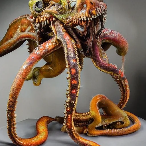 Prompt: photo taken of an epic intricate, ultra detailed, super realistic gritty, hero prop, exquisitely painted animatronic movie prop of a wet slimy grotesque nightmarish hellish cephalopod creature displayed in the workshop, created by weta workshop, full body shot, photorealistic, sharp focus