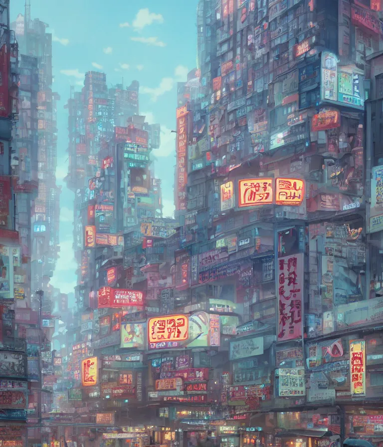 Image similar to A highly detailed matte painting of Buildings with Billboards and neonsigns by Studio Ghibli, Makoto Shinkai, by Artgerm, by WLOP, by Greg Rutkowski, volumetric lighting, octane render, 4K resolution, trending on artstation, masterpiece