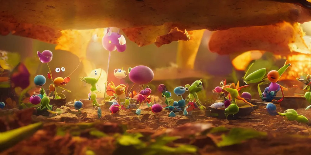 Prompt: pikmin inside of taco bell, realistic 4 k octane beautifully detailed render, 4 k post - processing, highly detailed, intricate complexity, epic composition, magical atmosphere, cinematic lighting, masterpiece, ultra hd