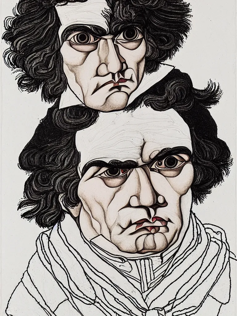 Prompt: a detailed line art portrait of writer beethoven, inspired by the work of egon schiele.