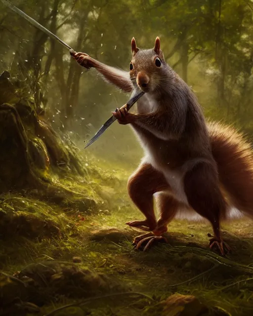 Image similar to oil painting of Anthropomorphized Angry Squirrel attacking, holding spear, wearing leaf cloak, sharp focus, fantasy style, octane render, volumetric lighting, 8k high definition, by greg rutkowski, highly detailed, trending on art Station, magic the gathering artwork, magical forest backround, centered