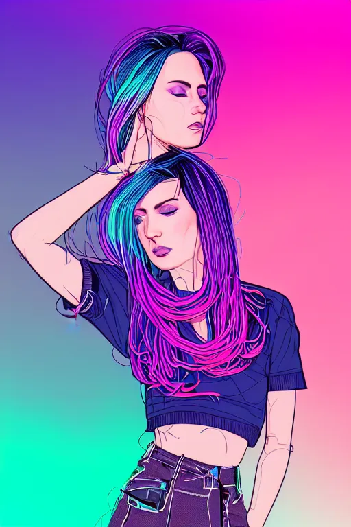 Image similar to a award winning half body portrait of a beautiful woman in a croptop and cargo pants with ombre purple pink teal hairstyle and hands in pockets by ari liloan, surrounded by whirling illuminated lines, outrun, vaporware, shaded flat illustration, digital art, trending on artstation, highly detailed, fine detail, intricate