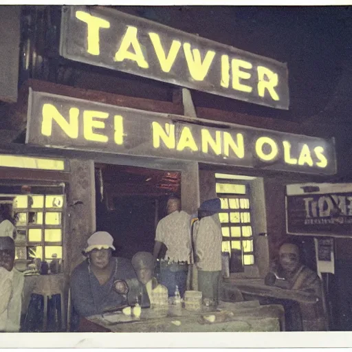 Prompt: old polaroids of taverns in northern namibia with neon signage