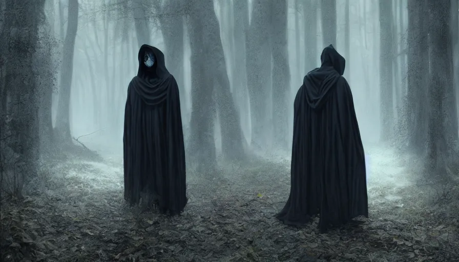 Prompt: portrait of a man in a long flowing hooded cloak and a skull mask on a path of a dark forest, ray traced lighting by Gerald Brom and Greg Rutkowski