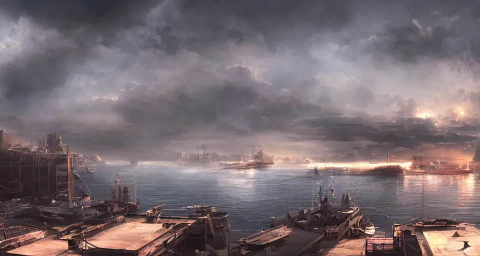 Image similar to The sky above the port was the colour of television, tuned to a dead channel, dramatic lighting, cinematic, establishing shot, extremely high detail, photo realistic, cinematic lighting, post processed, concept art, matte painting