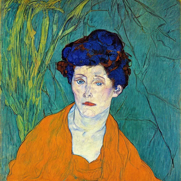 Image similar to portrait of a woman with wild exoticiris. indigo blue, turquoise. henri de toulouse - lautrec, egon schiele, gauguin, kathe kollwitz