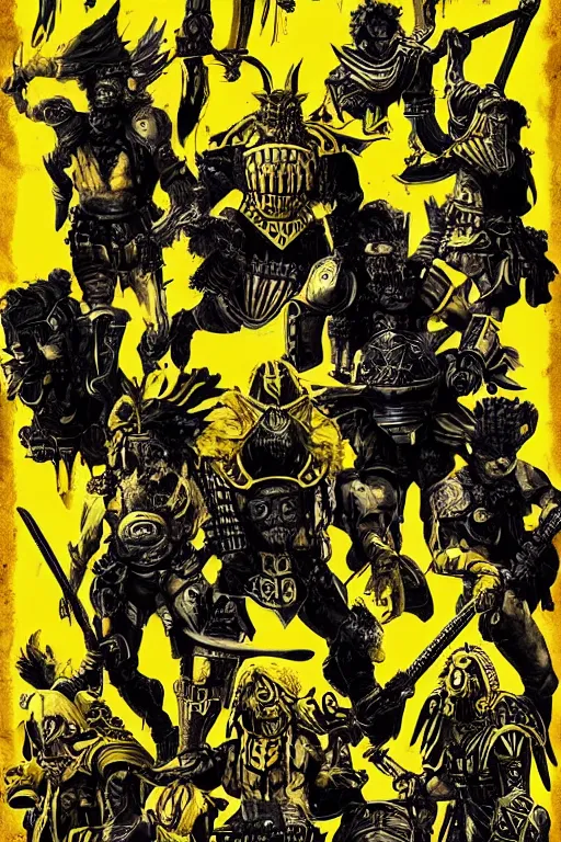 Image similar to armored barbarians, loaded with weapons and animal skulls, horror sci - fi black and yellow poster