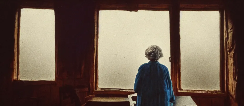 Image similar to portrait bust of old woman sitting at table, hands in pockets, looking outside, tired expression, faded color film, russian cinema, tarkovsky, technicolor, inside old cabin, next to window, heavy forest outside, long brown hair, old clothing, heavy fog, brown color palette, sunset, low light, hudson river school, 4 k, dramatic lighting