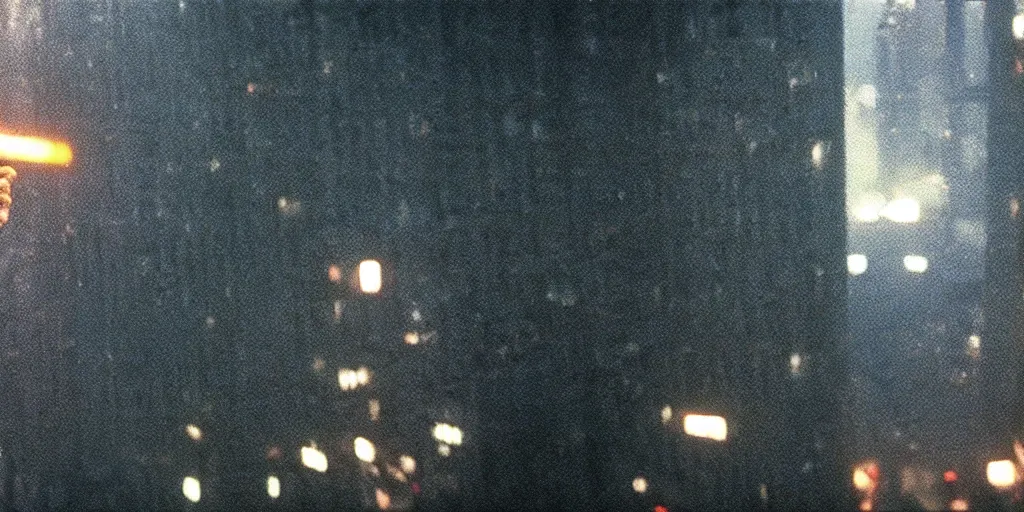 Prompt: beautiful cinematic film still of steve buscemi smoking a cigarette on a building top overlooking the rainy city in blade runner, 4 k